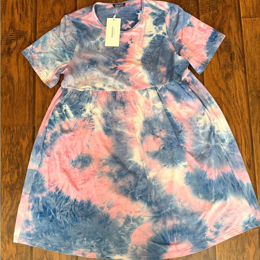 Nwt BloomChic Soft Pink Blue Tie Dye Baby shower Tshirt Dress Size 14-16